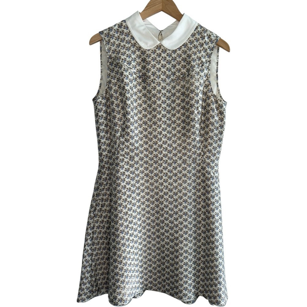 Tory Burch Cream and Navy Floral Jacquard Peter Pan Collar Dress
